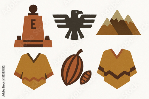 Ecuadorian Heritage Icon Set with Mitad del Mundo, Condor, Andes Peaks, Poncho and Cacao Pod in Vector
