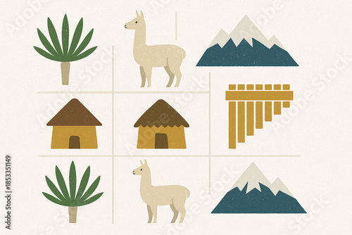 Ecuadorian Highlands Icon Set with Páramo Plants, Alpaca, Icy Mountains, Andean Huts and Flute Motifs in Vector