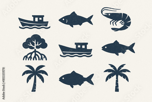 Ecuadorian Pacific Coast Icon Set with Boats, Fish, Shrimp, Mangroves and Palm Trees in Vector