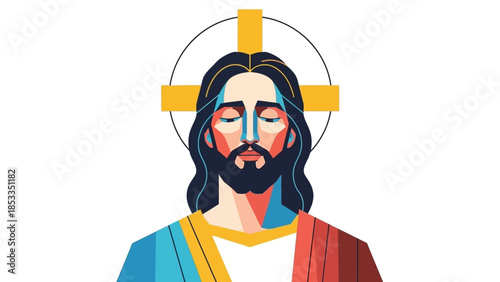 Stylized illustration of Jesus Christ with a halo and cross.