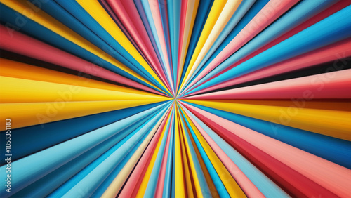 Sharp lines stretch to infinity. Bright circular lines extend outward from center in geometric pattern with digital art aesthetics. Converging stripes or rays in endless motion full of speed and life