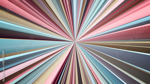 Vivid radial lines extend outward from center in balanced geometric pattern blending retro pastel hues with digital art aesthetics. Converging stripes or rays in soft muted tones. Vector background