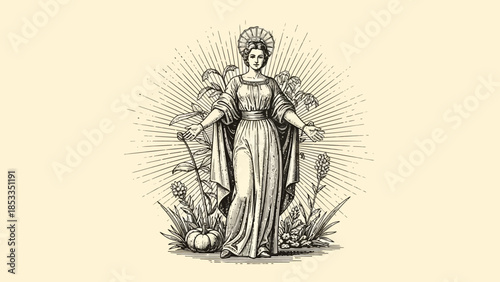 Vintage illustration of a woman with radiating light and angelic figures.