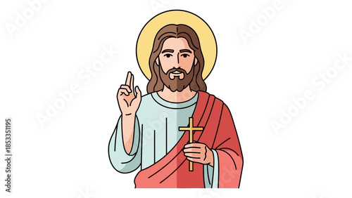 Jesus Christ holding a cross and raising his hand.