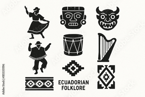 Ecuadorian Folklore Icon Set with Traditional Dance, Masks, Andean Drums, Harp and Textile Patterns in Vector