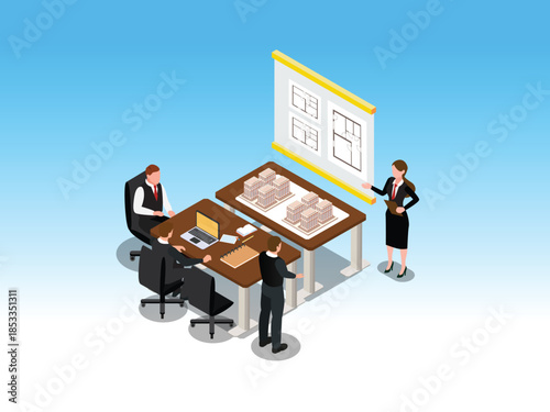 Isometric Architectural Presentation and Real Estate Development Meeting 3d vector illustration