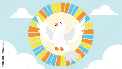 White Dove Flying in Colorful Circular Frame.