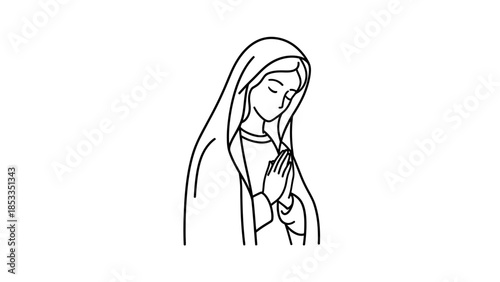 Simple Line Art Drawing of Virgin Mary Praying with Hands Clasped.