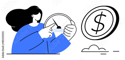 Financial management, business analytics, investment planning, economic growth, budgeting, performance tracking. Woman adjusting gauge with a dollar sign beside her. Financial management and business