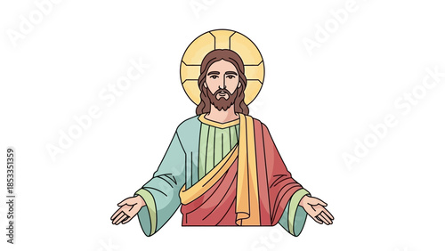 Jesus Christ with open arms and halo.