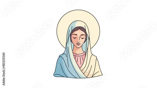 Stylized illustration of Virgin Mary with halo and serene expression.