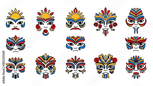 Collection of Stylized Decorative Masks with Intricate Designs in Vibrant Colors