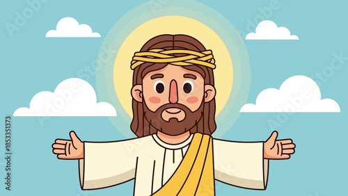 Jesus Christ with open arms and a halo.