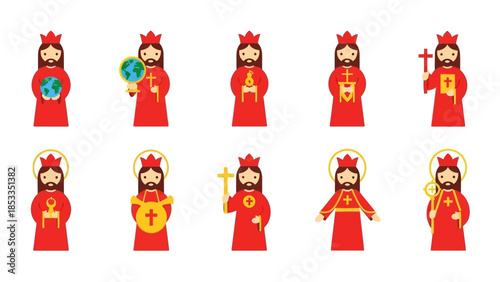 Diverse Vector Illustrations of Jesus Christ Holding Various Religious Symbols and Items