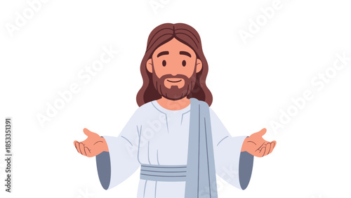 Jesus Christ with open arms welcoming people with a friendly smile.