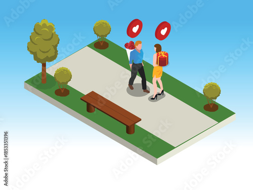 Isometric Romantic Date and Relationship Concept with Couple in City Park 3d vector illustration