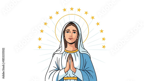 Illustration of Virgin Mary praying with halo and stars.