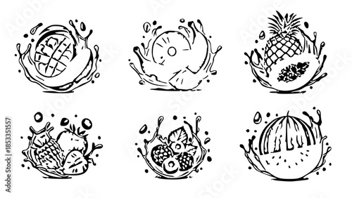 3d realistic vector icon set- Splash of juice. Sweet tropical fruits and mixed berries. Mango, banana, pineapple, papaya, strawberry, raspberry, blueberry, watermelon. 