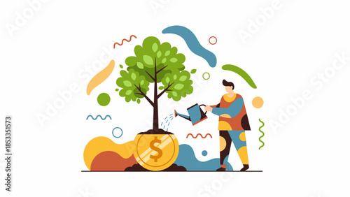 Person Watering a Money Tree with a Dollar Coin at the Base