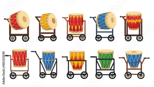 Collection of Colorful Indian Drums on Wheeled Carts, Ready for a Musical Event