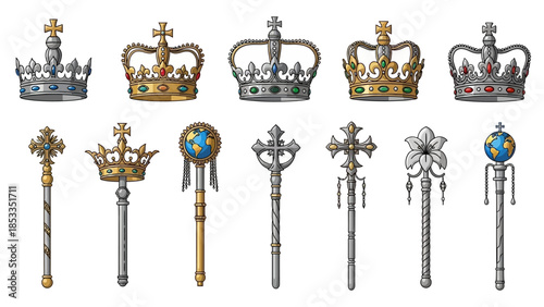 Collection of Regal Crowns and Scepters Symbols of Authority and Royal Power