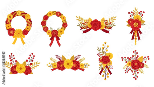 Diverse Floral Arrangements with Yellow and Red Flowers in a Decorative and Artistic Display