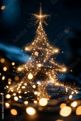 Enchanting golden christmas tree animation with twinkling lights and bokeh effects radiating