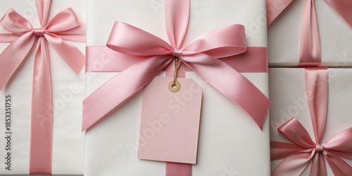 Elegant gift boxes adorned with pink ribbons and tags, perfect for special occasions.