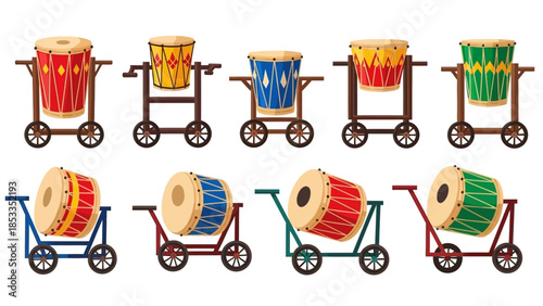 Diverse Set of Traditional Drums on Wheeled Carts, Vector Illustration for Music and Culture
