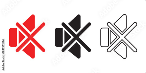 Silent Icons: Three minimalist icons showcasing a universal symbol for mute, communicating silence or the absence of sound, presented in diverse styles.