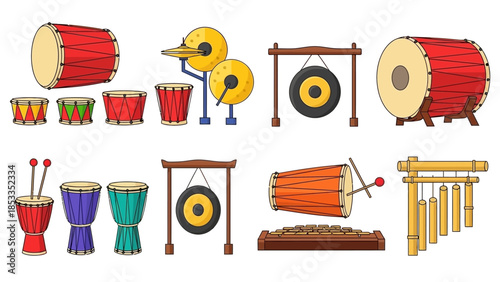 Colorful Vector Illustration of Various Traditional Musical Instruments Isolated on White