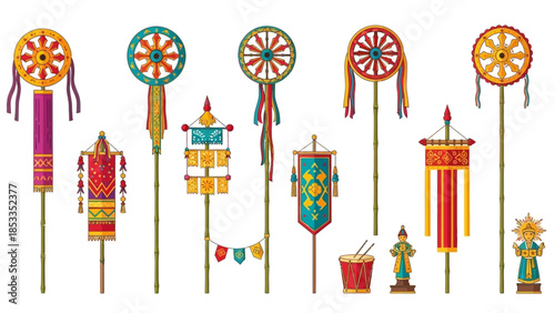 Colorful religious flags and symbols, Asian spiritual design elements isolated on white