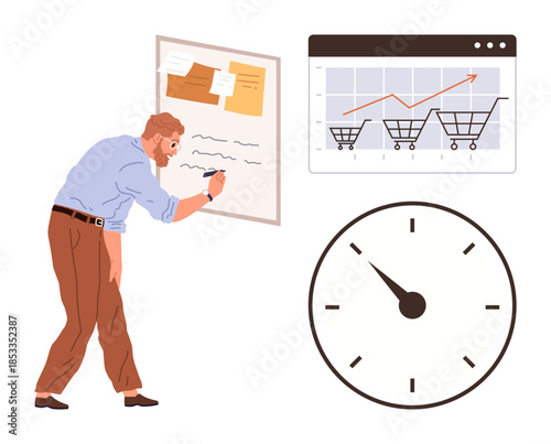 Person writes on board, analyzes chart with growth and shopping carts, large clock emphasizes time. Ideal for planning, efficiency, productivity, business strategy, time management, sales growth