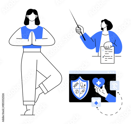 Woman meditating, professional signing document, and health-oriented app interface with shield icon. Ideal for wellness, healthcare, digital security, self-care, balance, productivity simple flat