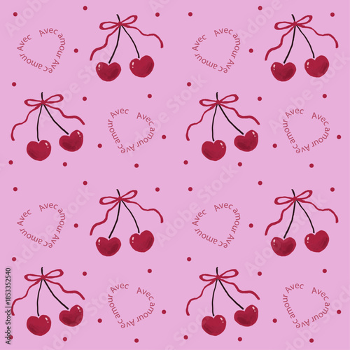 赤いリボンがついたハート型の真っ赤なサクランボとドットのロマンチックなパターン