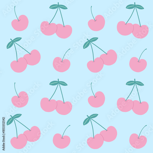 ライトブルーの背景とハート型のピンクのサクランボのパターン