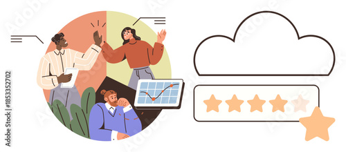 Group sharing high-five in teamwork, data chart on tablet, cloud interface with star ratings. Ideal for collaboration, achievement, analytics, customer feedback, technology, evaluation business