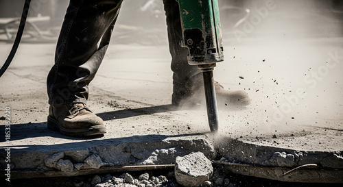 shot of a construction worker's legs in safety boots operating a heavy green jackhammer breaker on a concrete slab. The metal chisel tip is smashing the stone, creating a cloud of dust .