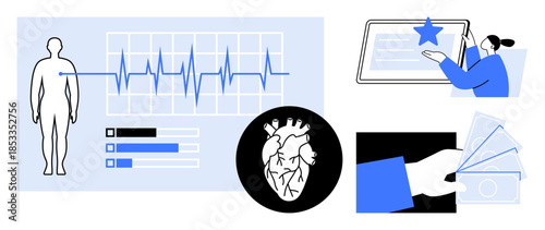 Healthcare technology, financial transactions, user feedback, cardiology, digital tools, medical diagnostics. Human figure with heart monitor, payment handoff and electronic interaction. Healthcare