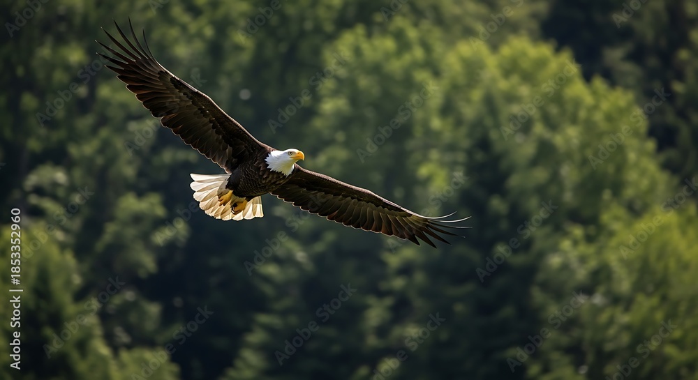 Obraz premium Majestic Bald Eagle Soaring Above Lush Green Forest Canopy.