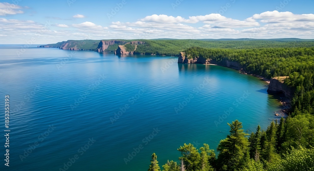 Naklejka premium Pictured Rocks National Lakeshore on Lake Superior in Michigans Upper Peninsula, featuring stunning cliffs and clear blue water under a bright sky.