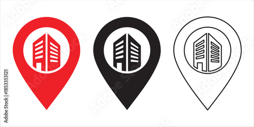Building Location Icon Set: Three stylized location pins, each featuring a building icon, represent the precise coordinates of modern architecture and real estate developments.