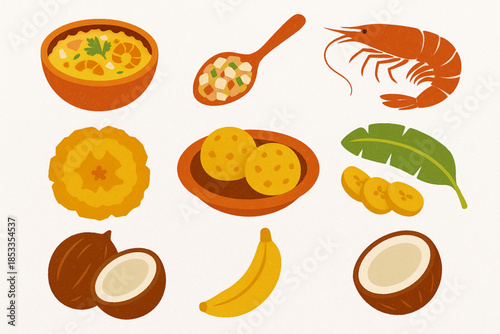 Ecuadorian Coastal Gastronomy Icon Set with Encocado, Ceviche, Shrimp, Plantains and Coconut in Vector