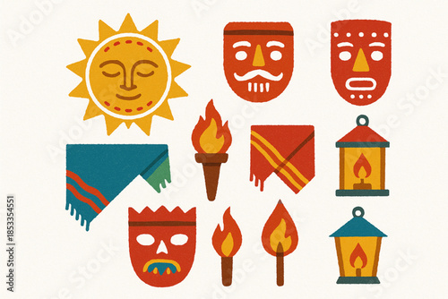 Ecuadorian Festival Icon Set with Inti Raymi Sun, Masks, Lanterns, Dance Scarves and Fire Torches in Vector