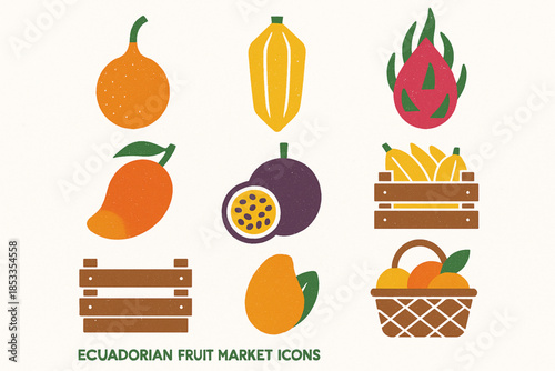 Ecuadorian Fruit Market Icon Set with Granadilla, Babaco, Pitahaya, Mango and Passion Fruit in Vector