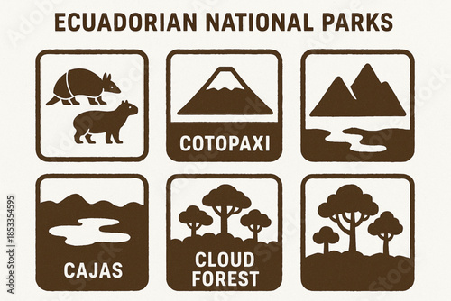 Ecuadorian National Park Icon Set with Yasuní Animals, Cotopaxi, Sangay, Cajas Lakes and Cloud Forest in Vector