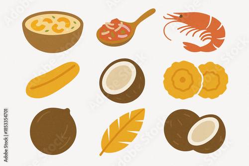 Ecuadorian Coastal Gastronomy Icon Set with Encocado, Ceviche, Shrimp, Plantains and Coconut in Vector