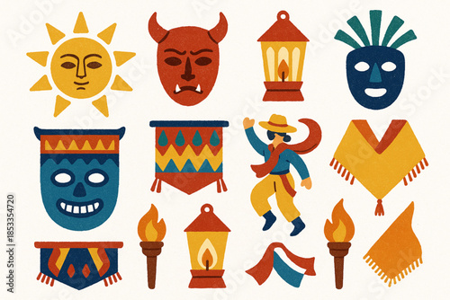 Ecuadorian Festival Icon Set with Inti Raymi Sun, Masks, Lanterns, Dance Scarves and Fire Torches in Vector