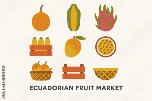 Ecuadorian Fruit Market Icon Set with Granadilla, Babaco, Pitahaya, Mango and Passion Fruit in Vector