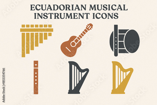 Ecuadorian Musical Instrument Icon Set with Rondador, Guitar, Bombo, Quena and Harp in Vector